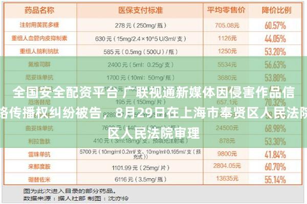 全国安全配资平台 广联视通新媒体因侵害作品信息网络传播权纠纷被告，8月29日在上海市奉贤区人民法院审理